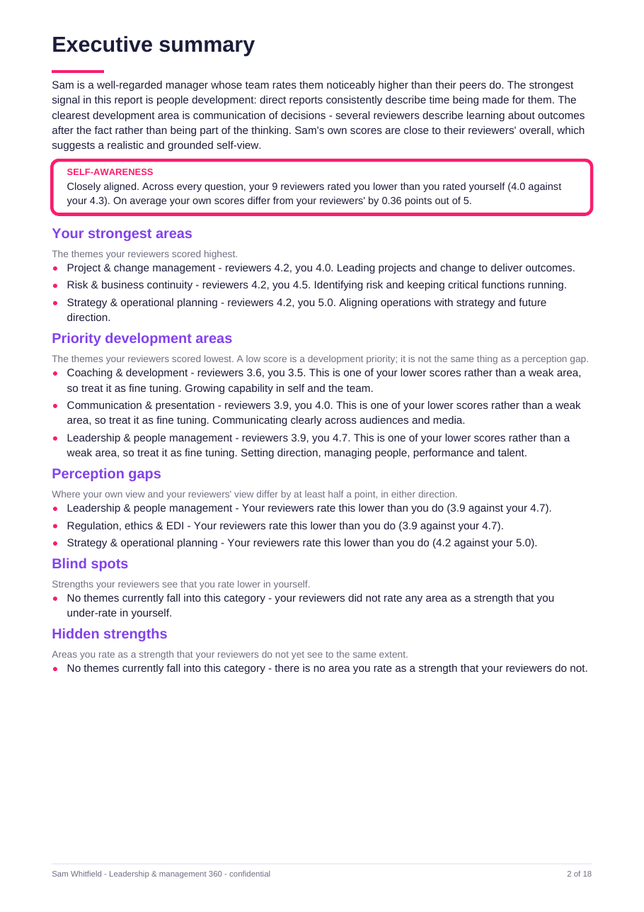 Sample 360 report executive summary page