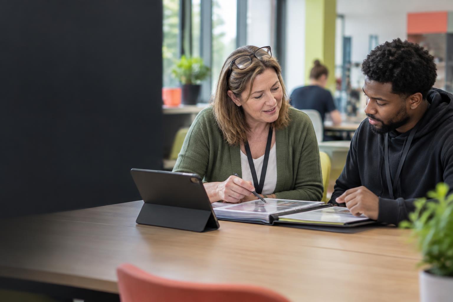 A vocational assessor and adult learner reviewing portfolio evidence together