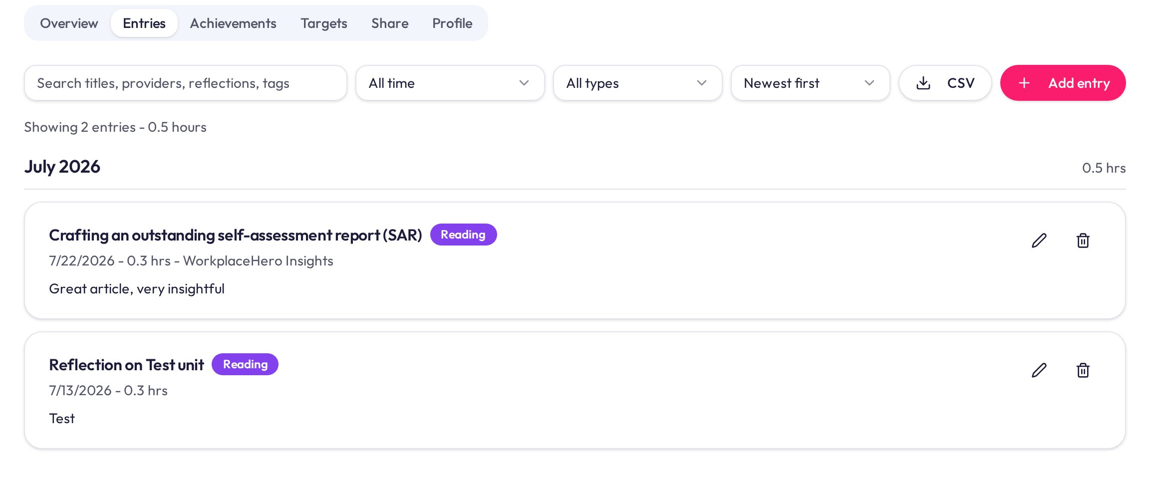 CPD entries list with search, filters by year and activity type, CSV export and an add entry button