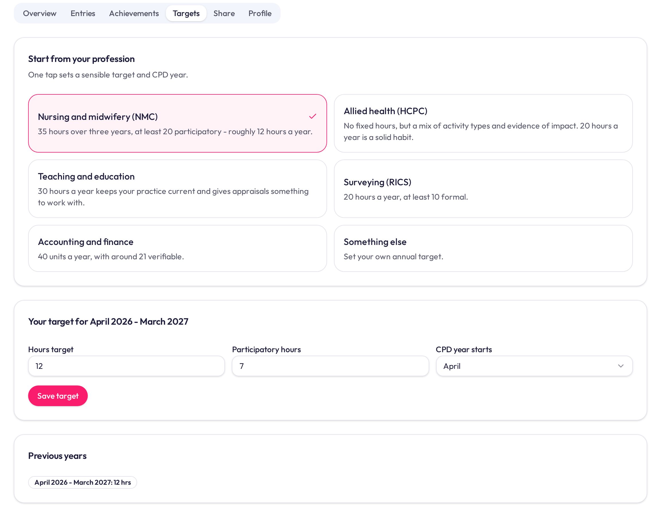 Targets tab with profession presets for NMC, HCPC, teaching, RICS and accounting, plus annual hours and participatory hours settings